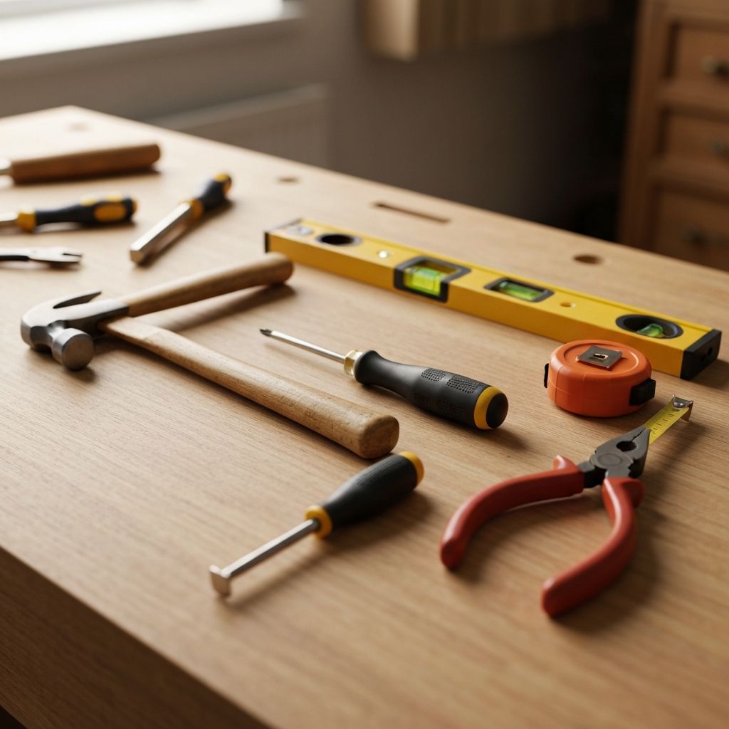 Professional handyman tools on workbench